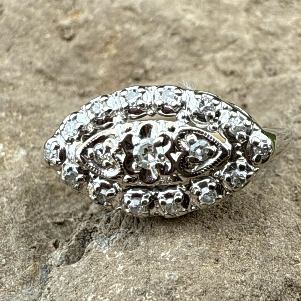 Elegant Bright White Diamond Vintage Ring Set In Solid 14 Karat White Gold